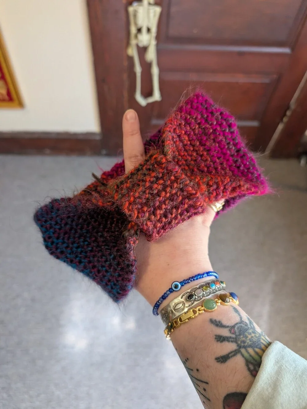 Hand Knit Rainbow Gradient Winter Headband‎ With Knotted Front Accent